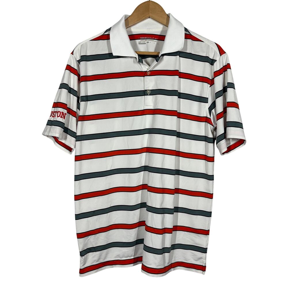 Nike Golf Houston Tour Polo Stripe Casual Sport Short Sleeve White Gray - M